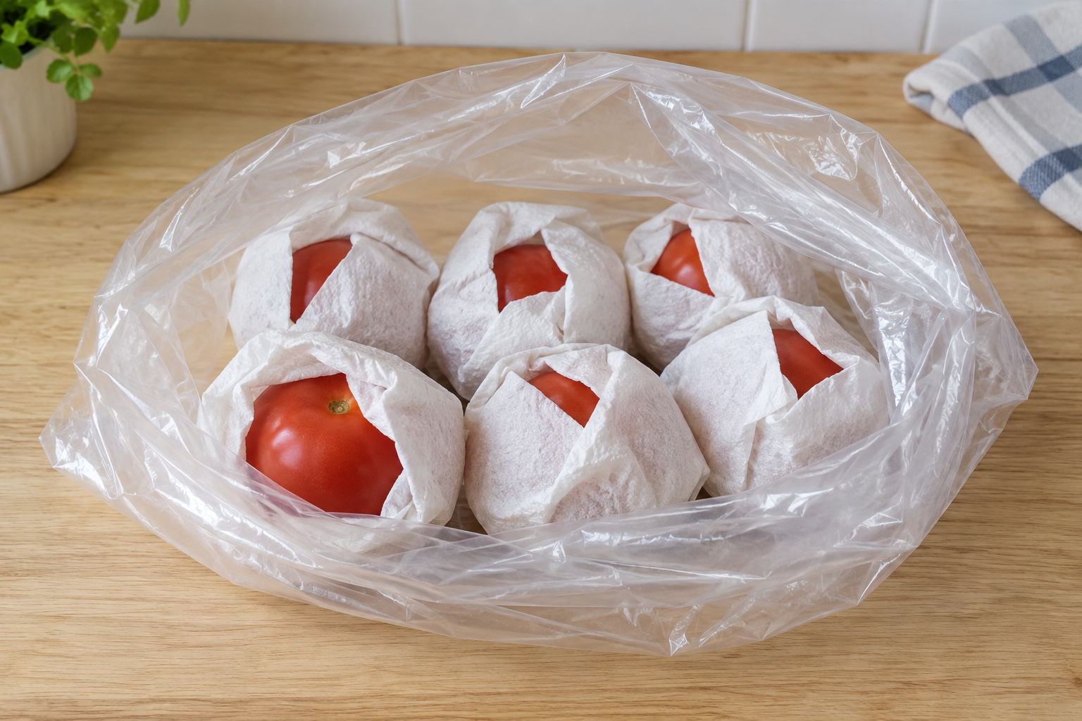 キッチンペーパーで包んだトマトと保存用の袋